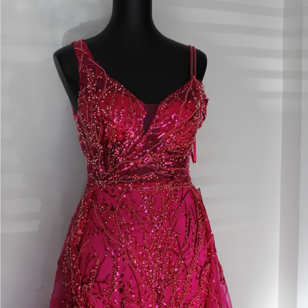 Fuchsia Beaded Couture Prom Dress With Overskirt